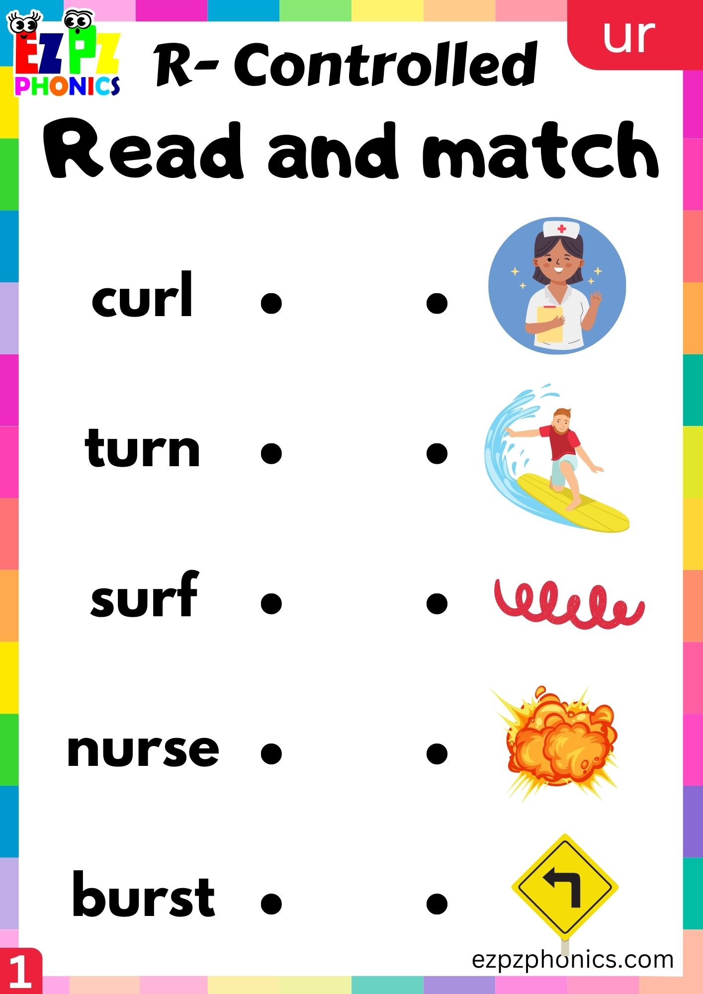 Read and match worksheet for ur words R Controlled Vowels group 1